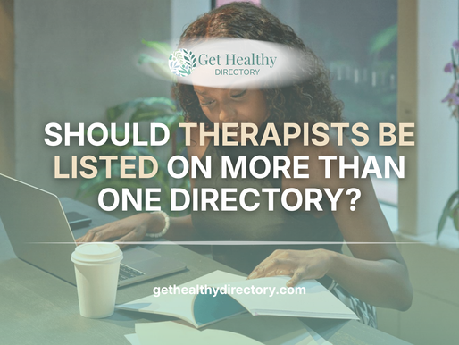 Therapist managing multiple online directory profiles and telehealth visibility from a professional workspace.