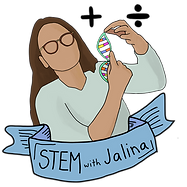 Cartoon drawing of a female tutor holding a DNA helix and math symbols around her, with a banner on the bottom