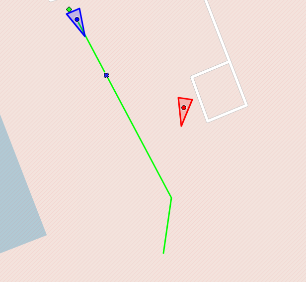 Map with a blue triangle and a red triangle pointing towards each other. A green path connects them, set on a light pink striped background.