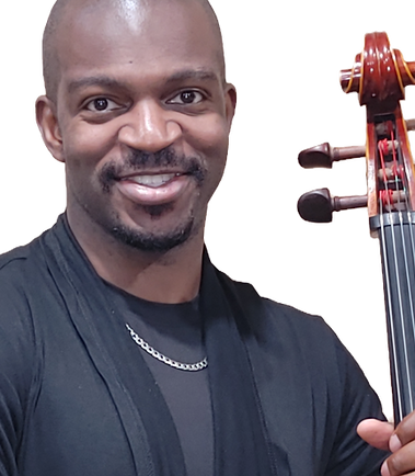 A young man in a black outfit holding a cello.