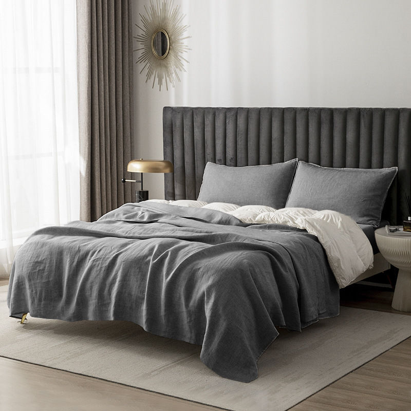 Thumbnail: Washed Pure Linen Bed Sheet Solid Color Light Luxury