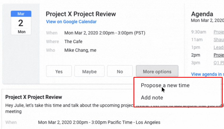 Propose a new time for the meeting or add a note.
