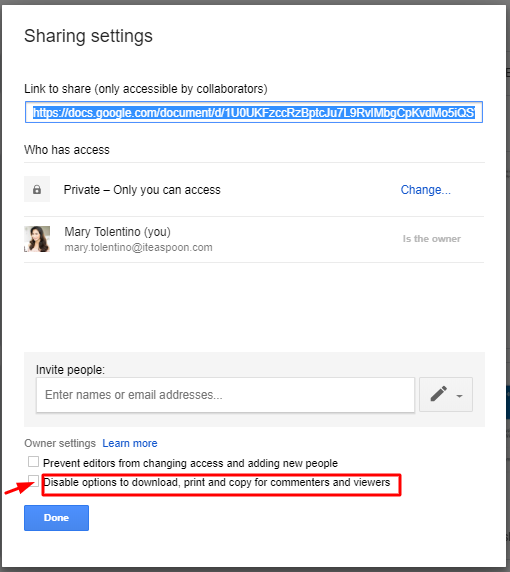G Suite Tips | Check the Disable options to download, print, and copy for commenters and viewers box.