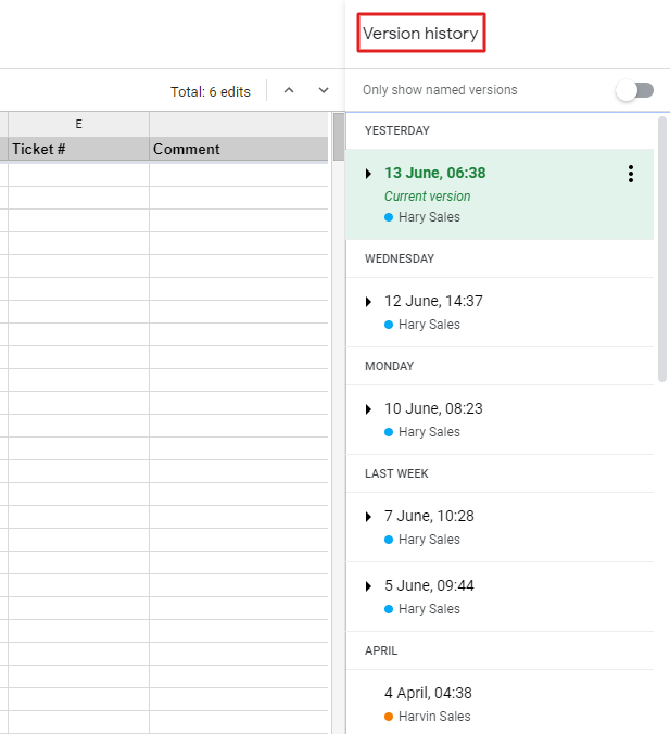 Google Sheets new feature will save you to look from "Version history"