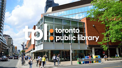 Photo of front entrance to the Toronto Reference Library overlaid with the Toronto Public Library logo.
