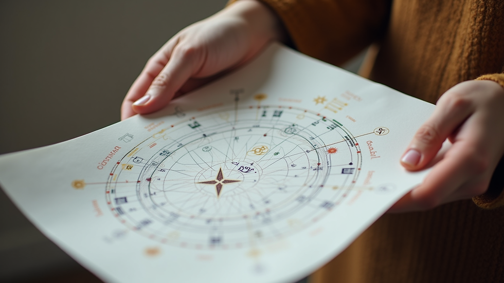 Close-up view of hands holding a printed birth chart with astrological symbols