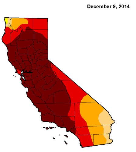 Et kort viser tørkens udbredelse i Californien i december sidste år.