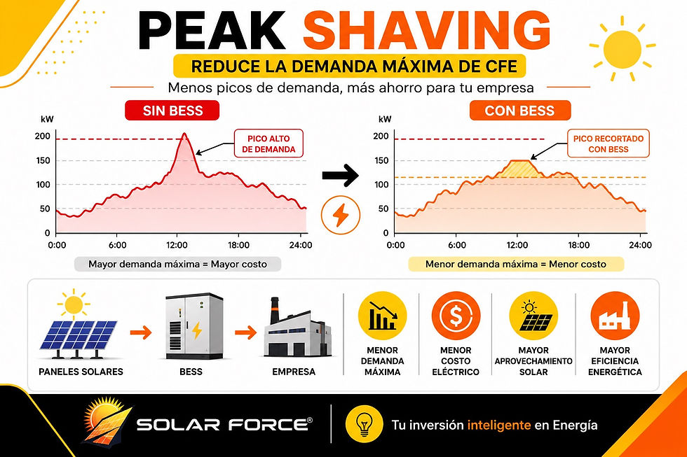 Gráfica de demanda eléctrica de una empresa mostrando cómo un sistema BESS aplica Peak Shaving para reducir los picos de demanda de energía de la red de CFE.