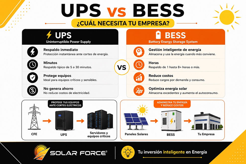 Comparación entre un sistema UPS y un sistema BESS de baterías para respaldo y almacenamiento de energía eléctrica en una empresa.