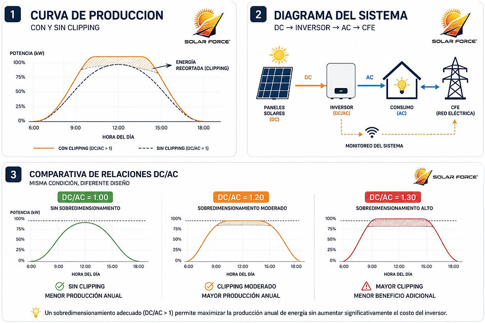 Diagrama de un sistema fotovoltaico mostrando la relación entre la potencia DC de los paneles solares y la potencia AC del inversor.