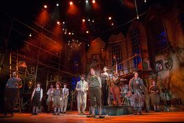 A full company of actors performing on stage in 'York Theatre Royals' production of 'The Wind in the Willows'