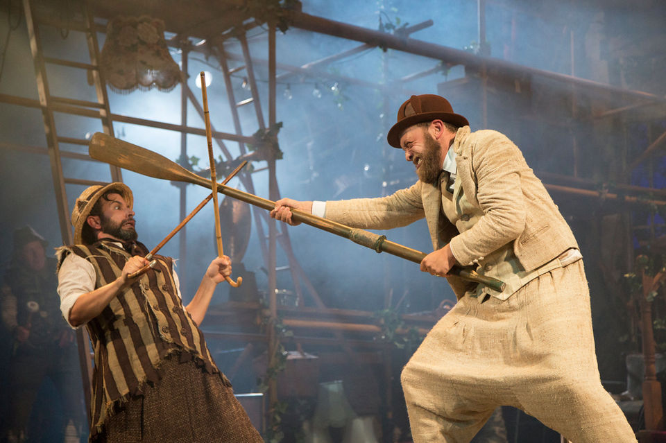 theatre - a theatrical fight scene on stage between Ratty and Weasel from York Theatre Royals production of 'The Wind in the Willows'. 