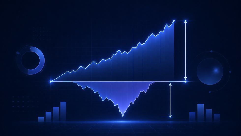Blue backtest chart comparing rising profit with maximum drawdown