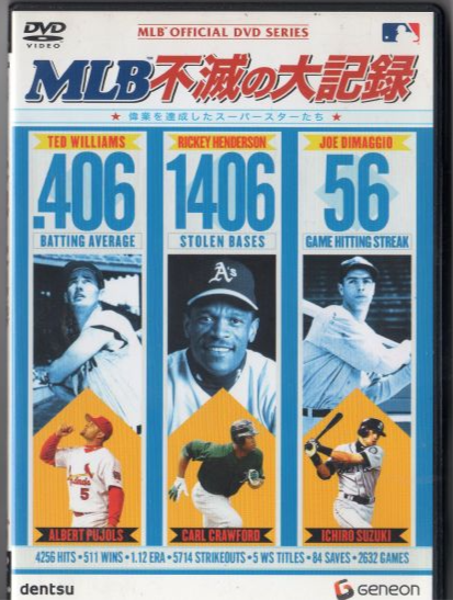 A photo of Rickey Henderson and his career stolen bases on the package of the MLB Official DVD Series: Baseball's Unbreakable Feats (Japanese version, 2007, Geneon Entertainment).