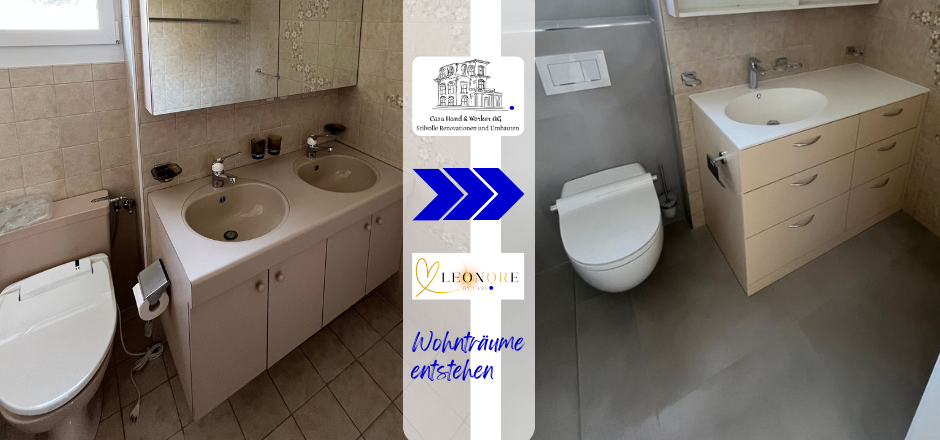  Das Bild zeigt eine Vorher-Nachher-Ansicht des Waschtischbereichs im Badezimmer. Links sieht man das alte Badezimmer mit Doppelwaschtisch, beigefarbenen Fliesen und einem veralteten Design. Rechts zeigt das Bild den renovierten Bereich mit einem modernen Einzelwaschtisch, einem neuen WC und grossformatigen Wandfliesen in einer schlichten, zeitgemässen Farbgestaltung. Der Raum wirkt nun heller und funktionaler. In der Mitte des Bildes sind die Logos von Casa Hand & Werker AG und der Designlinie LeonORe by CASA sowie der Slogan „Wohnträume entstehen“ abgebildet.