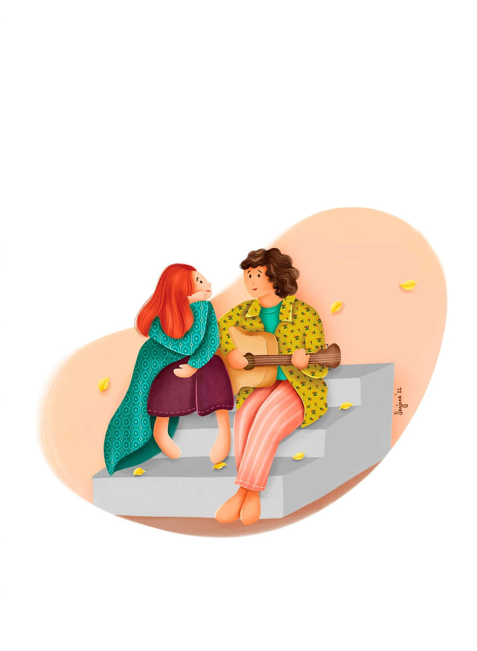 fine art print by Sanjana Ranjit of a scene of a couple on the steps, one playing the guitar and the other listening melodic moments