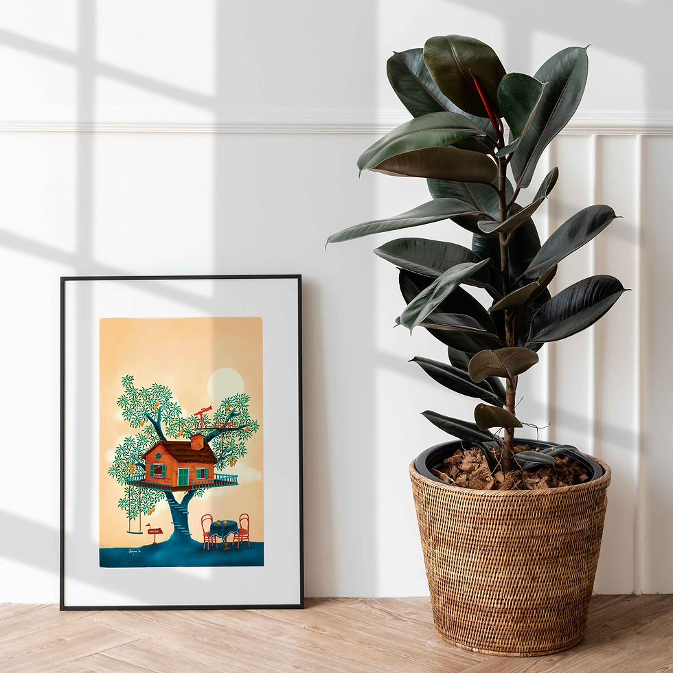 Thumbnail: indian style Giclée art print under the mango tree made by Chennai Indian artist Sanjana Ranjit next to a plant