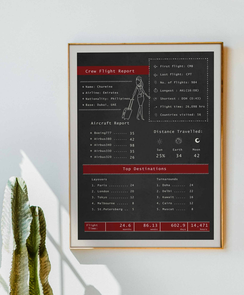 Thumbnail: cabin crew flight attendant poster with flights details, destinations and stats on a black background on a white wall