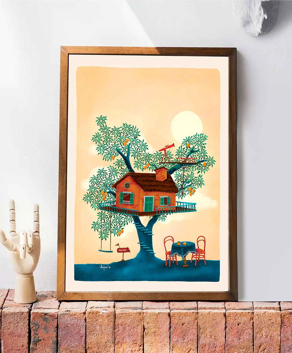 Thumbnail: indian style Giclée art print under the mango tree made by Chennai Indian artist Sanjana Ranjit with golden frame