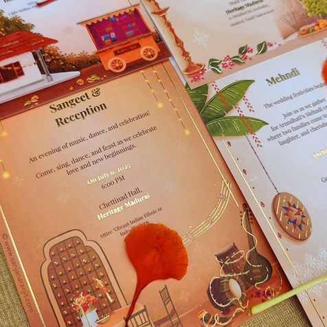 set of printed bespoke custom-made wedding invitations with indian decorations made by the artist Sanjana Ranjit for the indian wedding of a client. the set represents a brown color insert of Sangeet and Reception using gold foil elements, a white color insert of a Mehendi and another insert with the illustration of a house and a cart