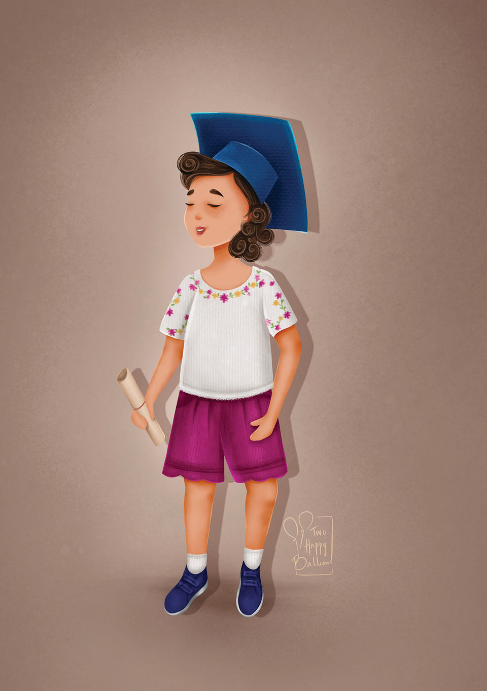 Nursery graduation portrait illustration of toddler with cap and certificate