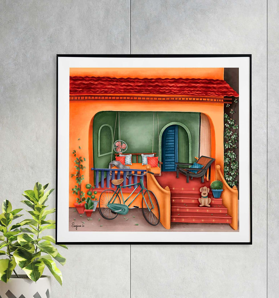 Thumbnail: framed square nostalgic art print by Sanjana Ranjit of an Indian veranda with swing, chair, a dog and a bycicle