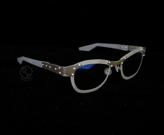 009 glasses frame handcrafted from P-40 Kittyhawk Aluminum. right 3/4 view