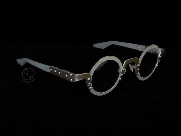 011 Spectacle frame handcrafted from genuine Curtiss P-40 Kittyhawk aluminum. Right 3/4 view 