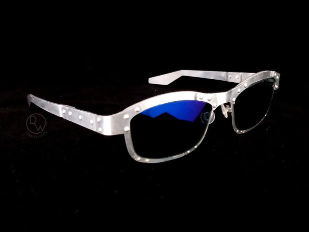 010 Handcrafted polished aluminum spectacle frame. Right 3/4 view 