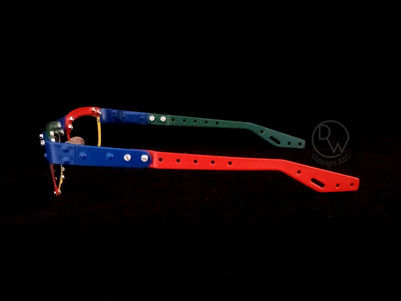 Bespoke aluminum Meccano inspired spectacle glasses frame
Left side view 