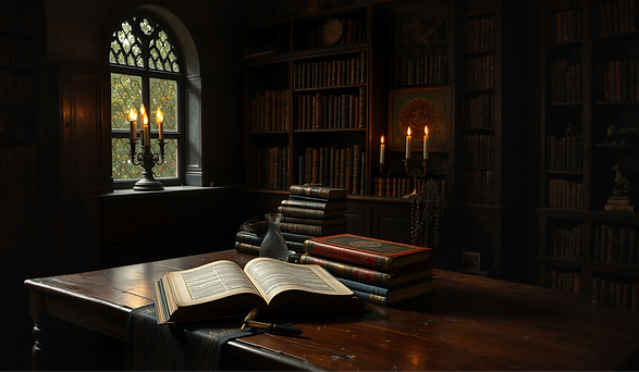 dark fantasy setting, table with old books..png