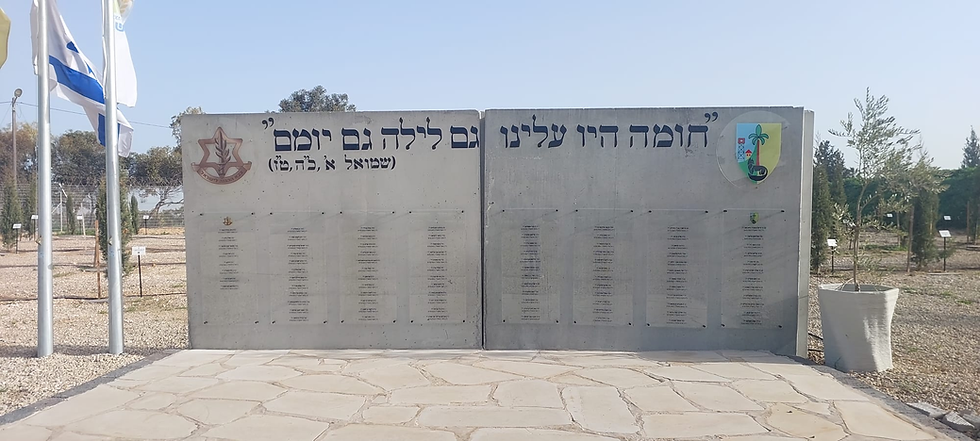 Concrete memorial wall with Hebrew text and emblems, surrounded by flags and trees in a sunny garden. Names are listed below.