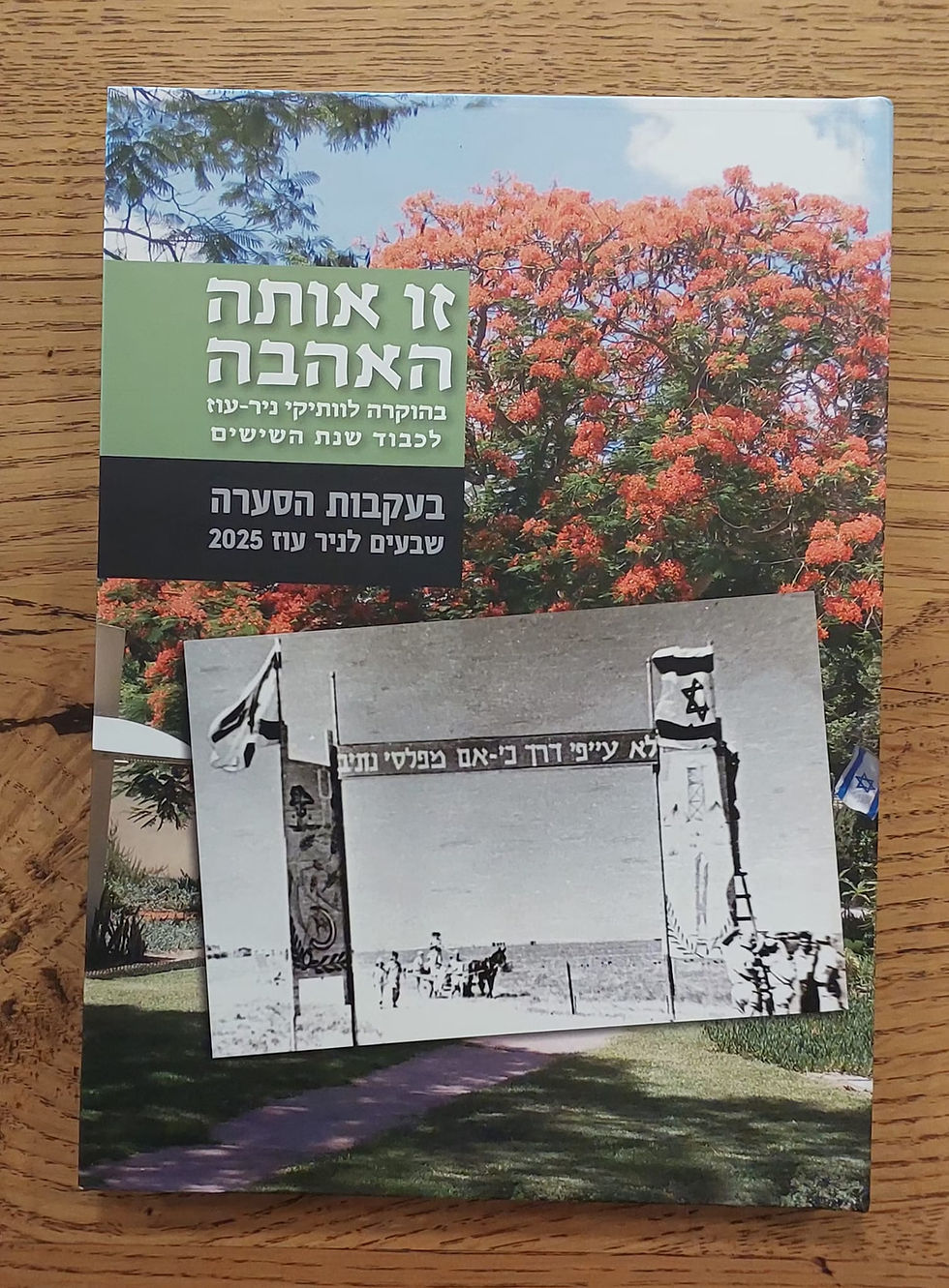 A book cover with orange flowers and blue sky background. Hebrew text in white and black. Features a black-and-white photo with a flag.