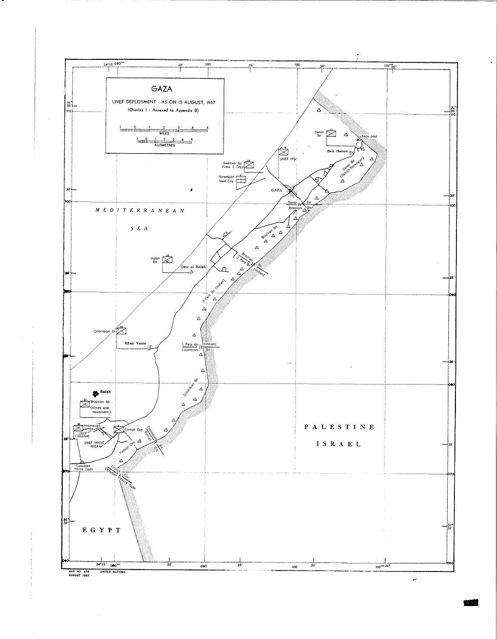 Map of Gaza showing UNEF deployment as of August 1957. Includes locations, checkpoints, and main roads. Black text on white background.