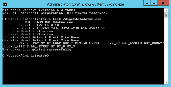 how to use nltest to find AD site and DC