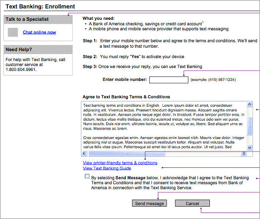 Text Banking First Step of Enrollment Wireframe