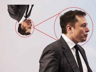A smaller, inverted, version of Elon Musk peers into another, larger, Elon Musk's head