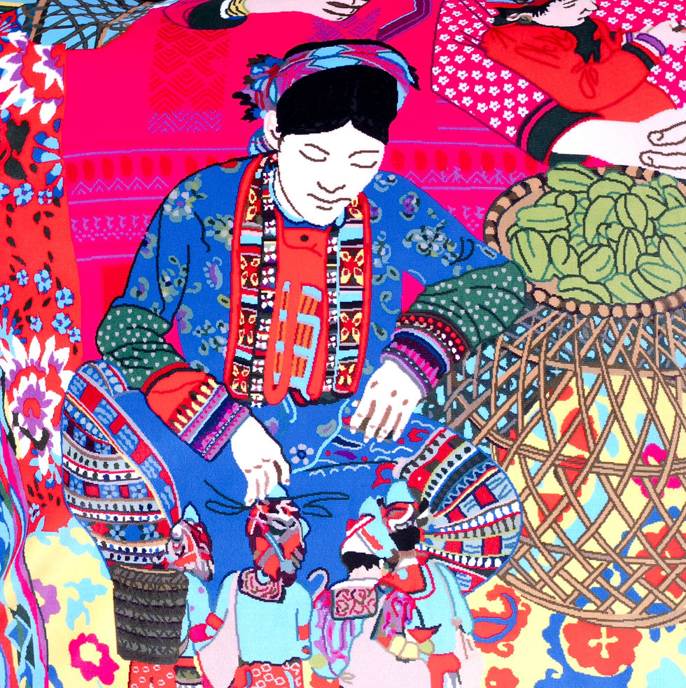 Thumbnail: Oriental-inspired Velvet Pink and Blue Cushion