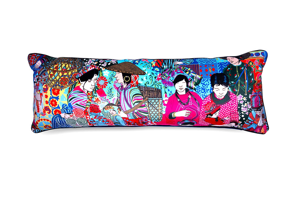 Oriental-inspired Velvet Long Pink and Blue Cushion