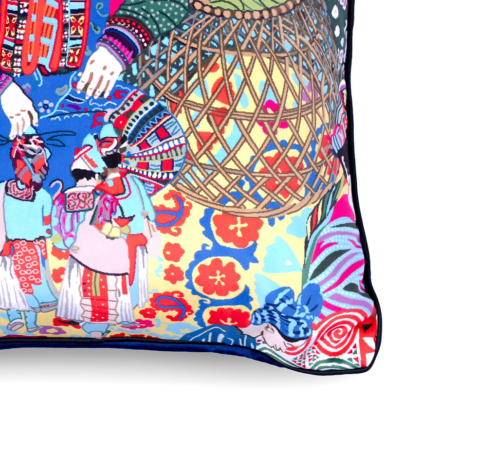 Thumbnail: Oriental-inspired Velvet Pink and Blue Cushion