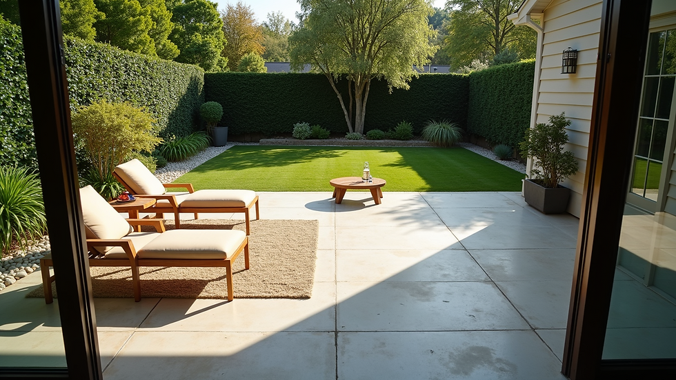 High angle view of a spacious backyard deck with outdoor furniture