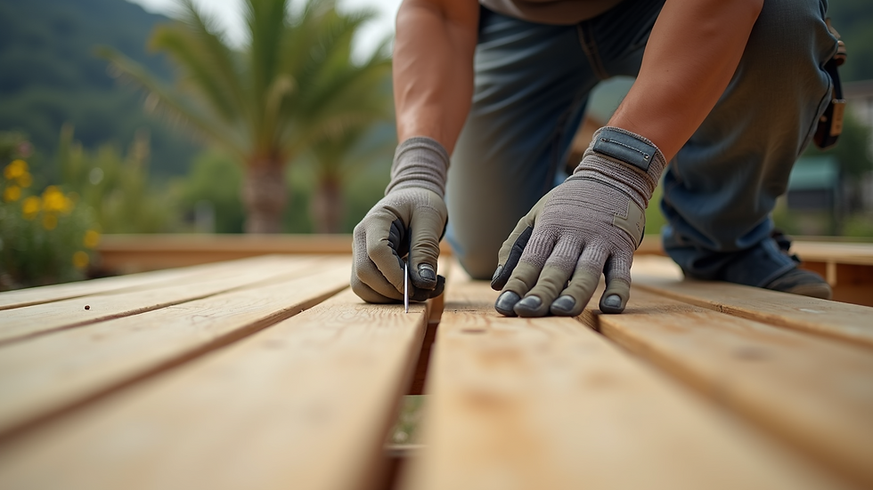High angle view of a contractor installing deck boards