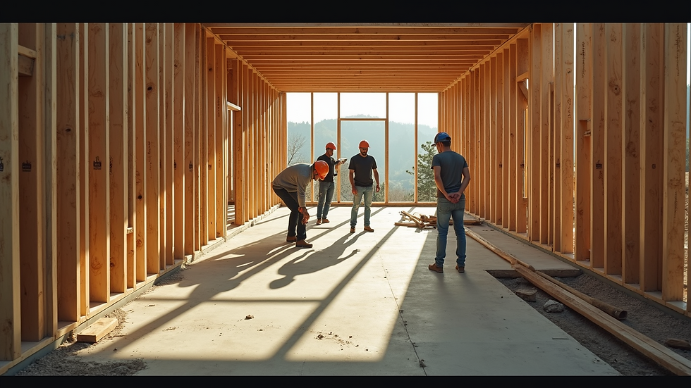 High angle view of a construction site with framing and workers