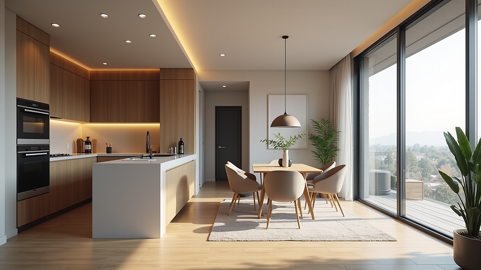 Eye-level view of a modern secondary suite interior with kitchen and living area