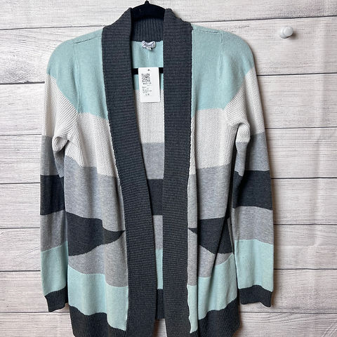 Kismet Open Front Cardigan in Aqua, Cream and Dark Grey ~ L