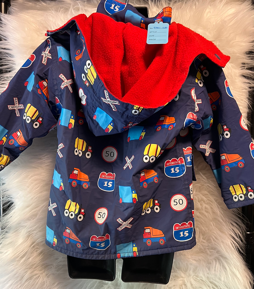 Thumbnail: Rainpals Blue Fleece Lined Raincoat with Trucks and Trains All Over Print ~ 2T