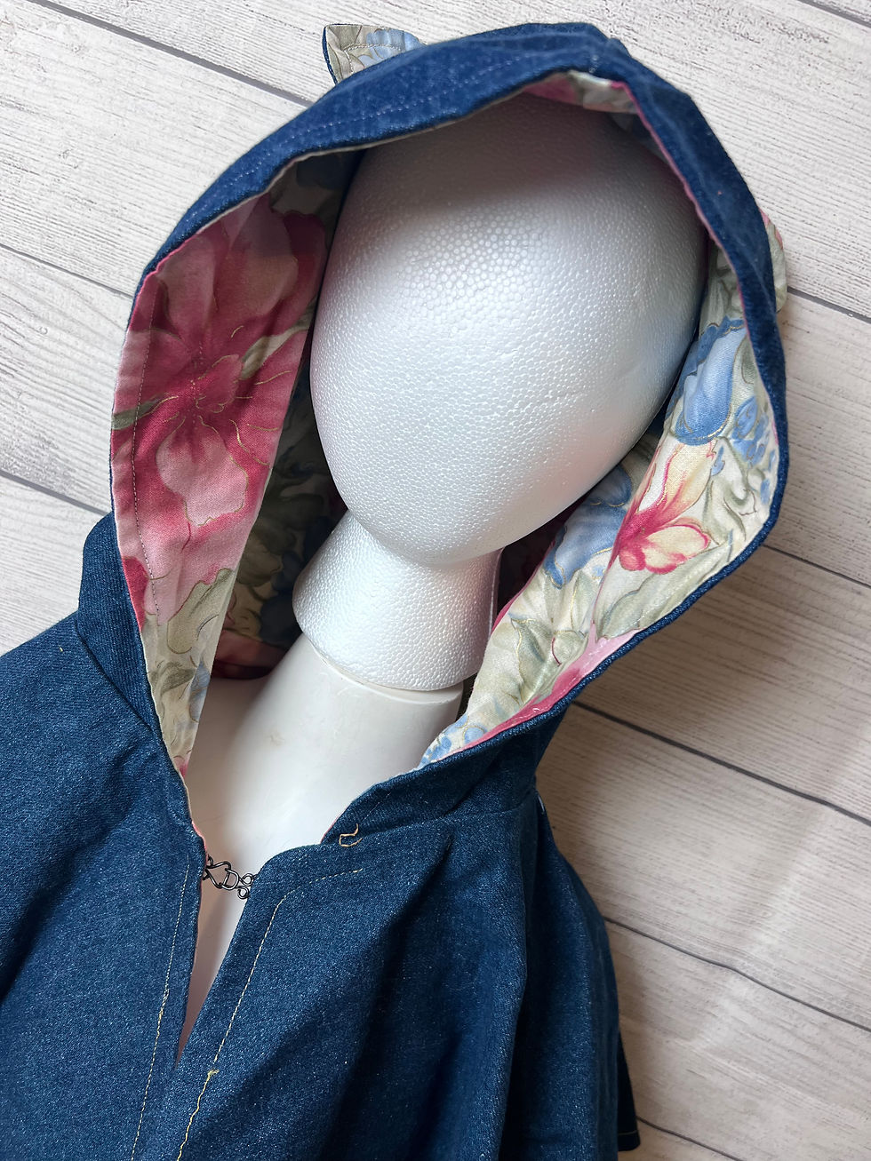 Thumbnail: Hand Made Dennim, Cotton Lined Hooded Cape with animal ears ~ 6-10