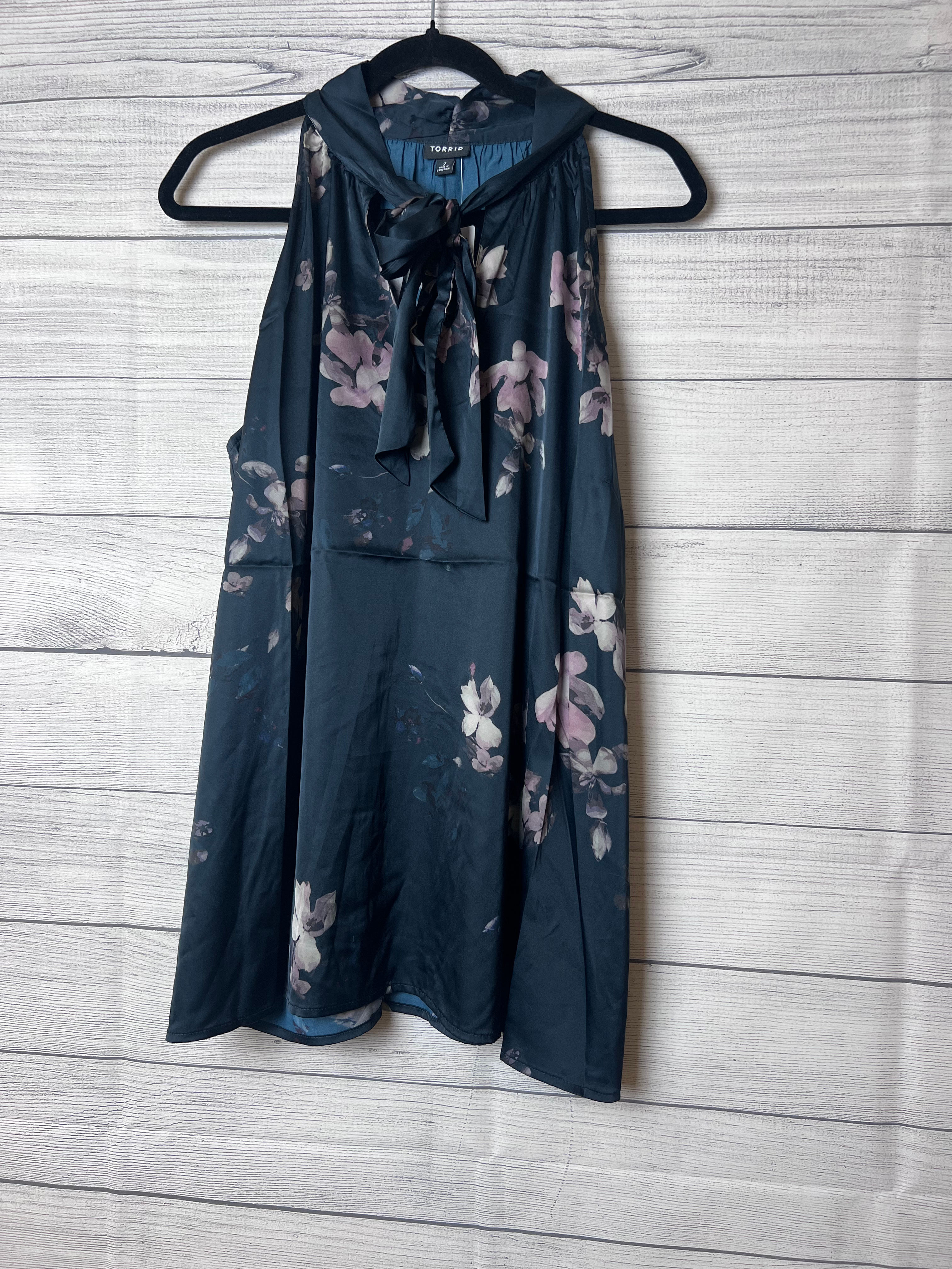 Torrid Sleeveless Blouse with Tie at the Neck, Navy and Pink Floral ~ 2X