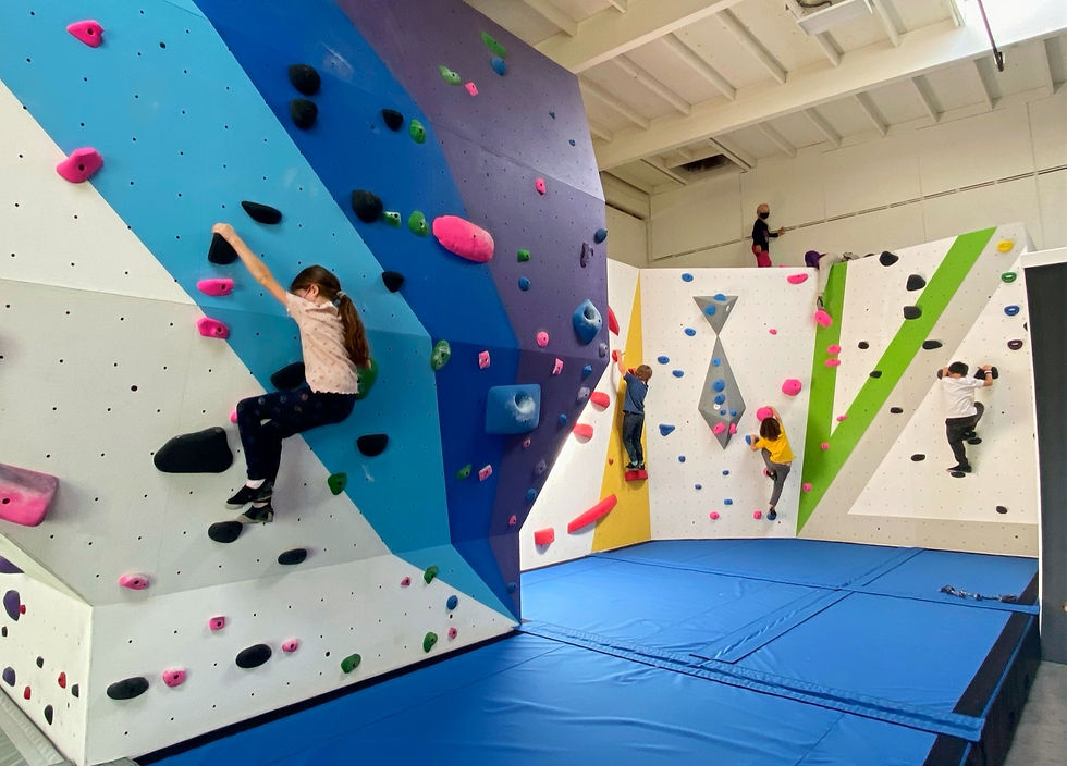 Children climbing colorful indoor bouldering walls with pink, blue, and green holds on blue mats. Bright, lively, and energetic setting.