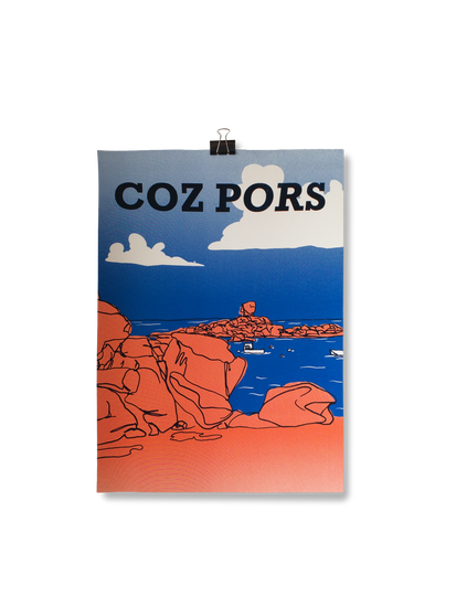 Affiche sérigraphiée Coz Pors, orange et bleu, Trégastel, Côte d'armor, Bretagne, par Valentine Carré